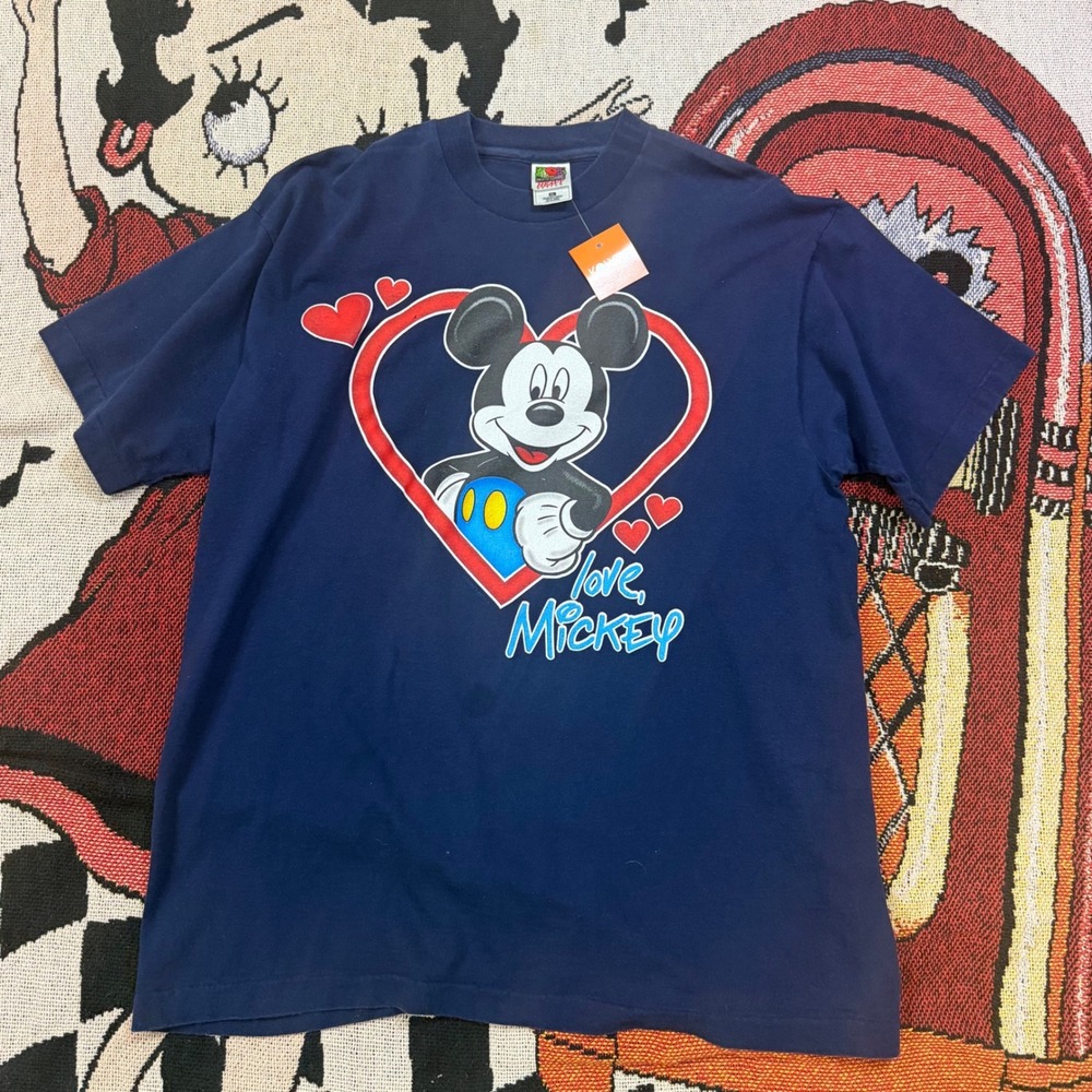 Vintage Fruit of the Loom Disney Mickey Mouse Love Heart Navy Blue T-Shirt XL